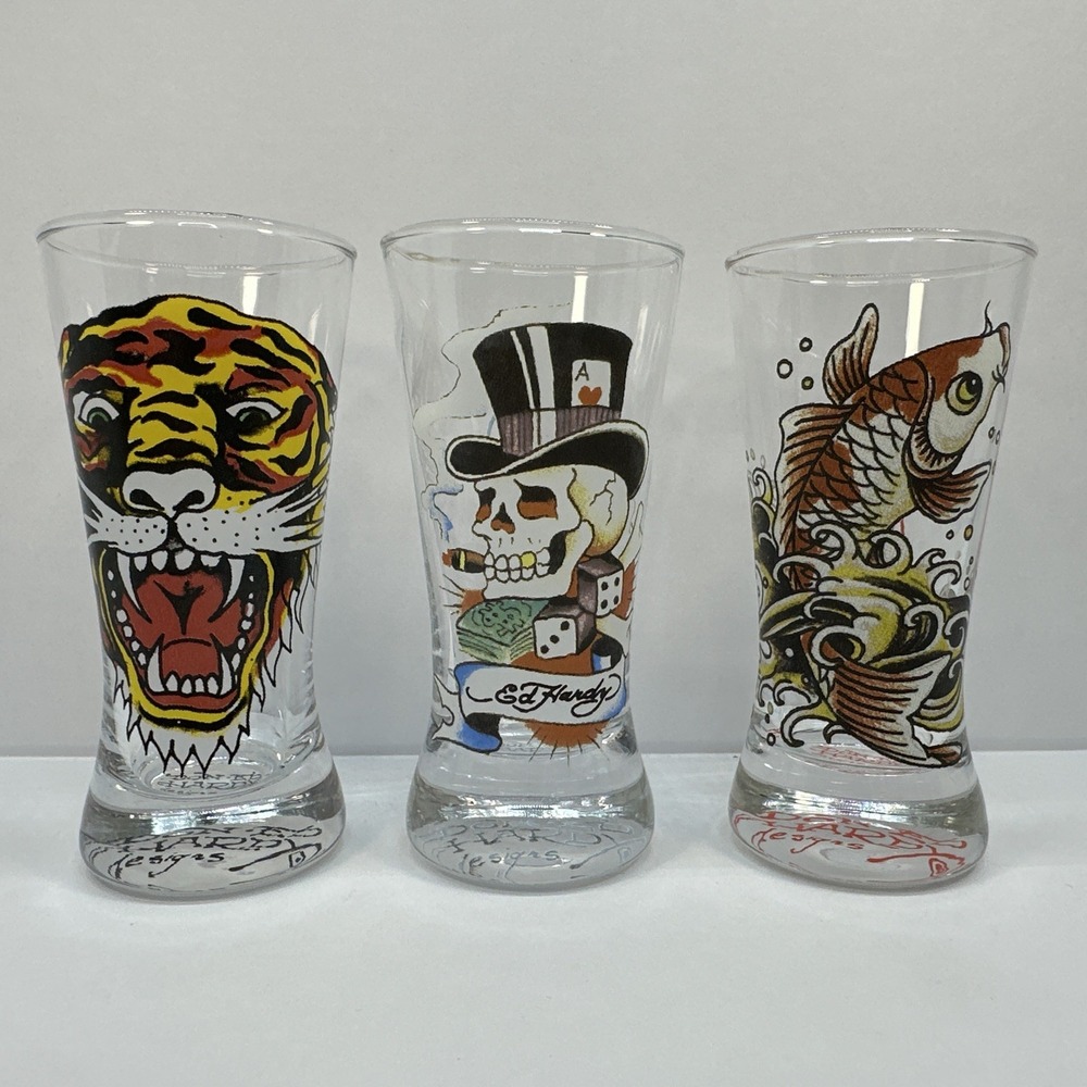 Ed‎ Hardy 2oz Flared Shooters Shot Glasses Lot of 3 Skull Fish Tiger